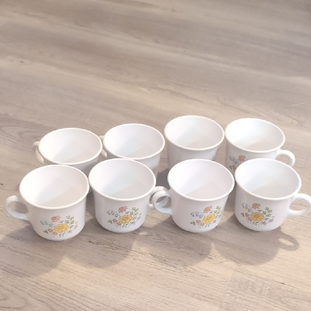 Corelle White Mugs with Yellow & Orange Floral Pattern - Set of 8